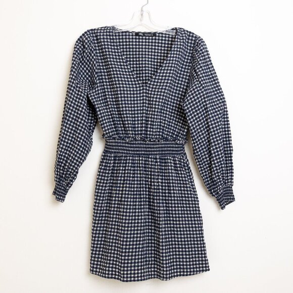 Zara Gingham Check Mini Dress Navy White Smocked Waist 100% Cotton - Picture 2 of 12